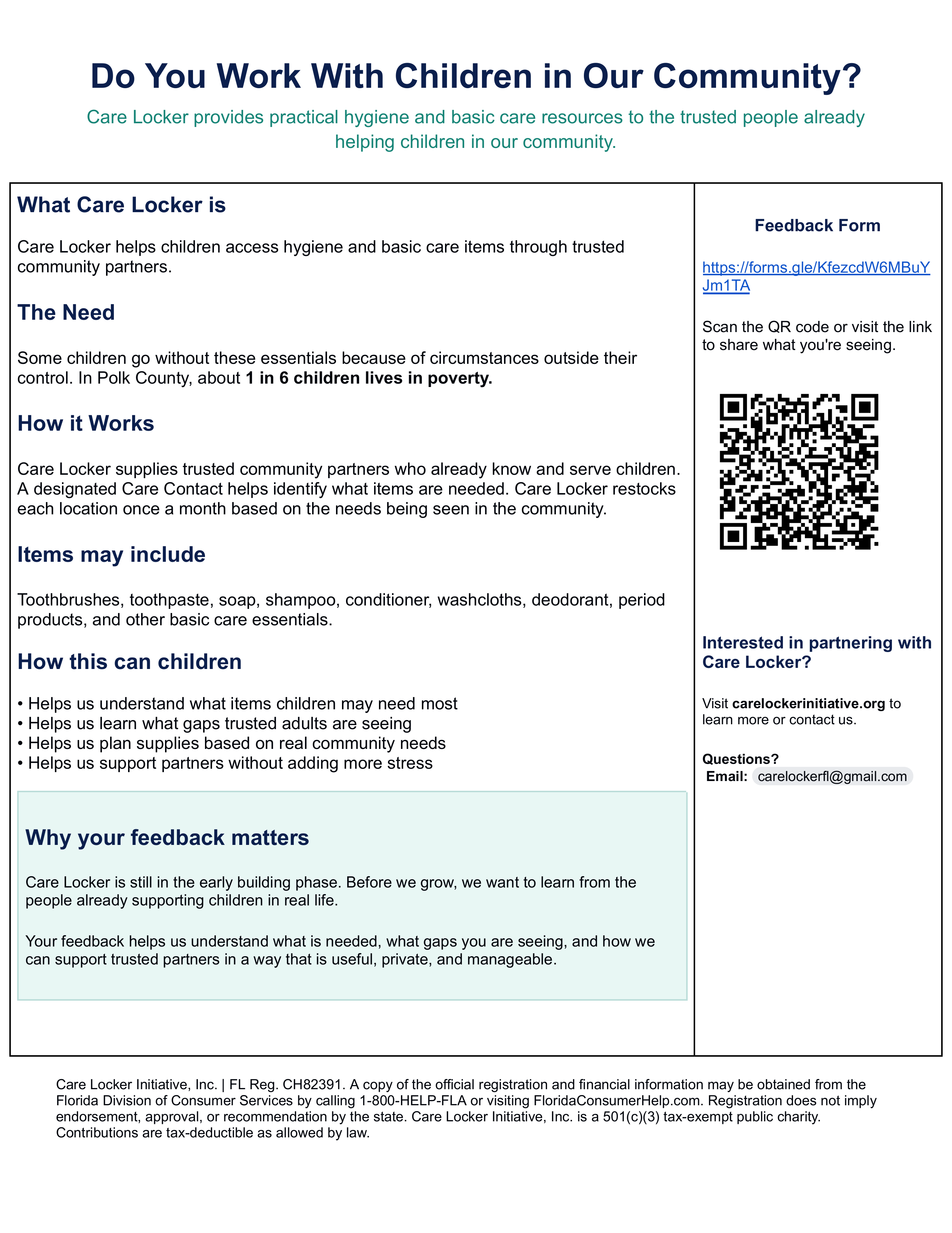Flyer highlighting the community impact of Care Locker Initiative